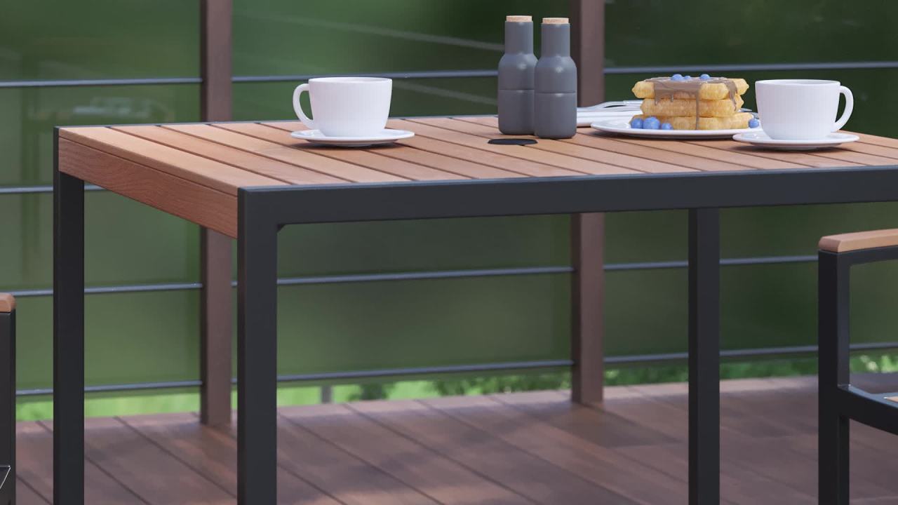 thumbnail video image 2 of Flash Furniture Lark Series 5-Piece Metal Teak Patio Table and Chair Set, Teak, 2 of 14
