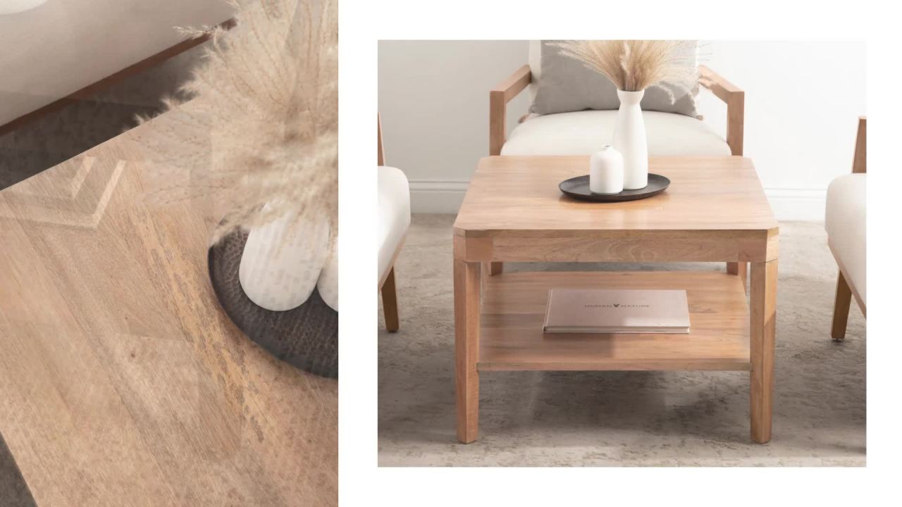 thumbnail video image 2 of Kate and Laurel Talcott Modern Tiered Rectangle Coffee Table, 36 x 20 x 18, Walnut Brown, Transitional Two-Tier Rectangular Living Room Table with Storage and Mango Wood Construction, 2 of 8