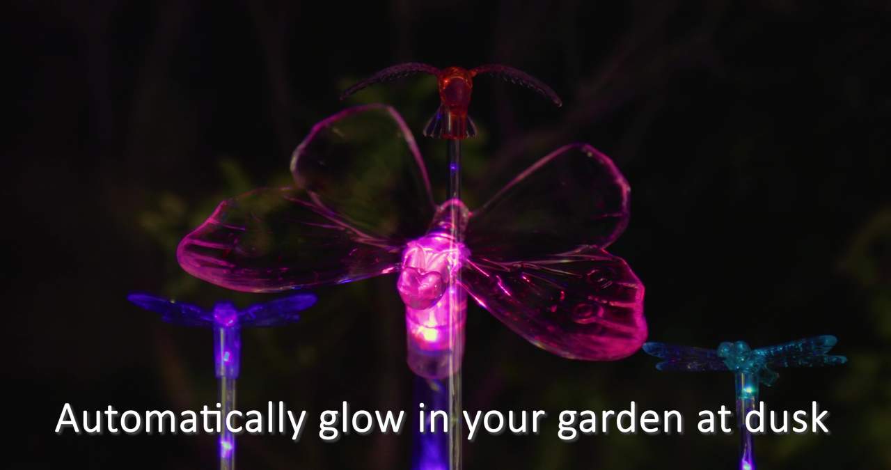 thumbnail video image 2 of Exhart Butterfly, Hummingbird and Dragonfly  Solar Powered Garden Stakes, 3x25 inches, Plastic, Clear (Decor for Home Patio, Outdoor Garden, Yard or Lawn), Plastic, 2 of 7