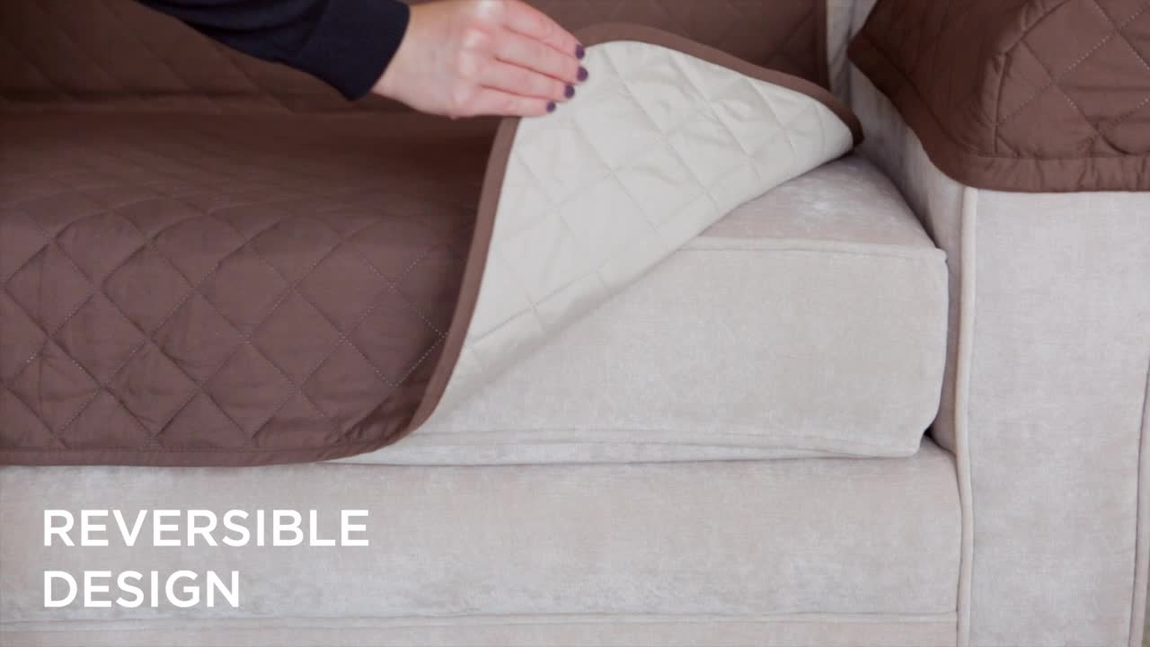 thumbnail video image 2 of Mainstays Sofa Reversible Quilted Microfiber Pet Cover Multipurpose Furniture Protector, Tan/Brown, 3-Piece, 2 of 10