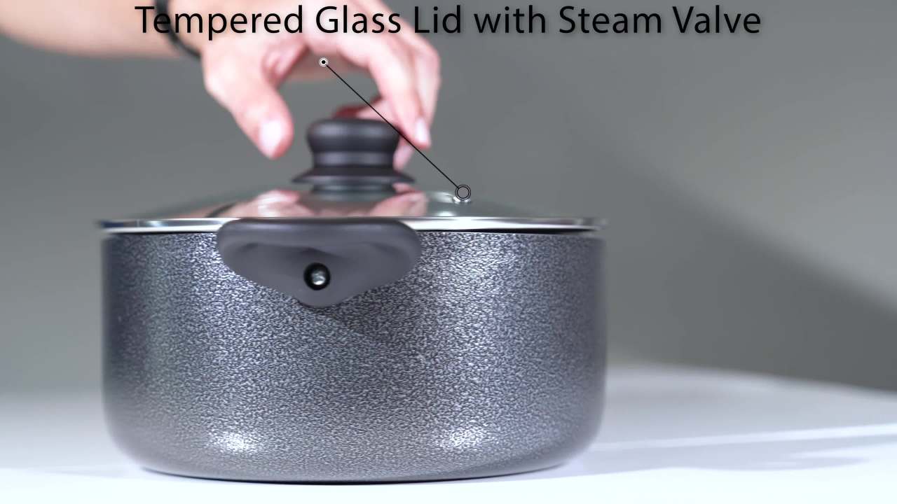 thumbnail video image 3 of IMUSA 4.8qt Charcoal Aluminum Nonstick Stock Pot with Glass Lid & Soft touch Handles, Black, 3 of 12