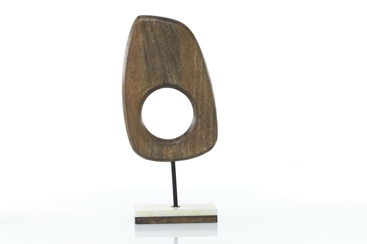 thumbnail video image 2 of 8" x 18" Brown Mango Wood Cut-Out Abstract Sculpture with Marble Base, by DecMode, 2 of 14