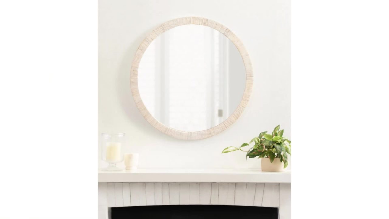 thumbnail video image 2 of Kate and Laurel Rahfy Boho Round Rattan Mirror, 28 Inch Diameter, White, Decorative Circle Mirror with Wrapped Authentic Rattan Frame for Vanity Bathroom Mirror, 2 of 10