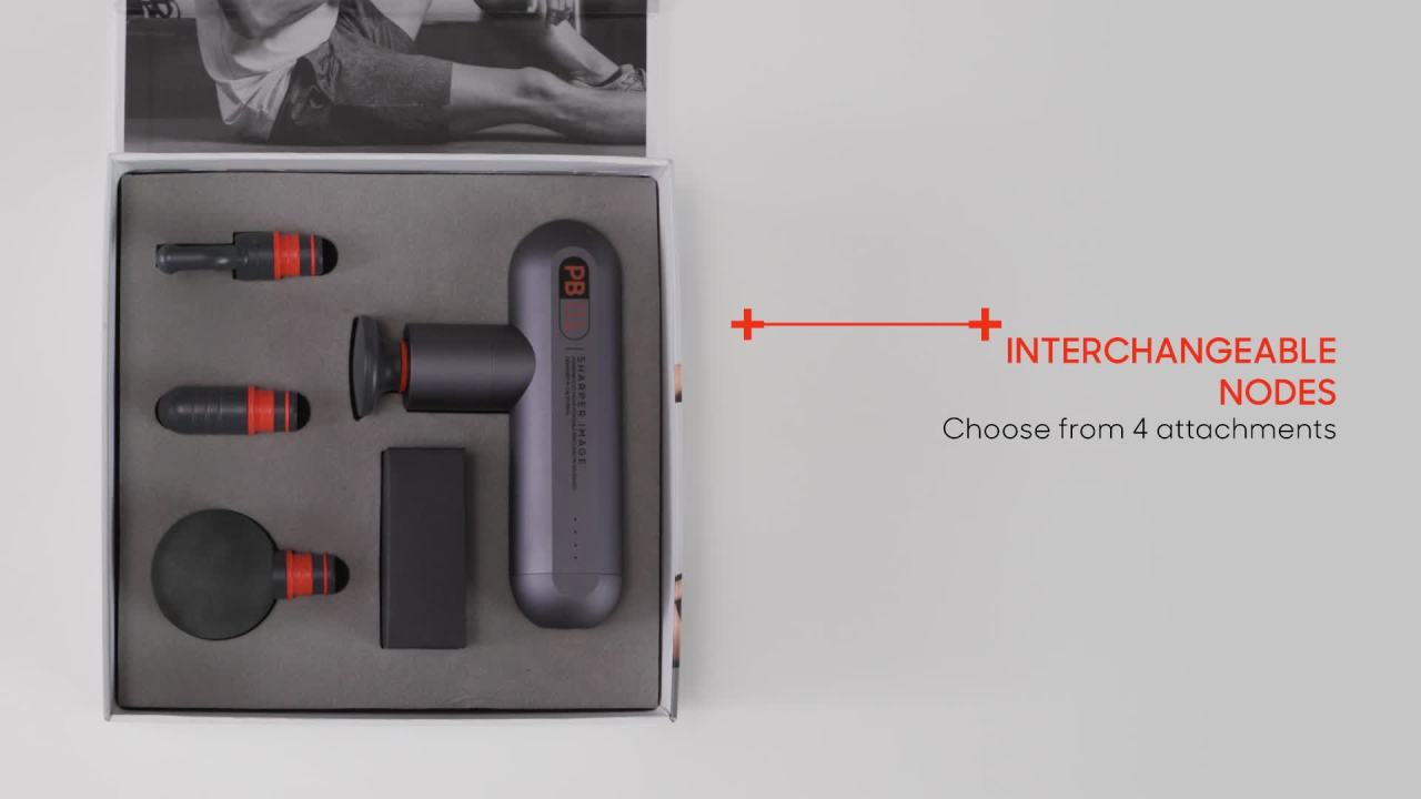 thumbnail video image 2 of Sharper Image® Powerboost Move® Deep Tissue Portable Percussion Massage Gun, 4 Attachments, Rechargeable, 2 of 16