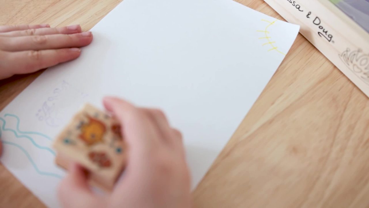 thumbnail video image 2 of Melissa & Doug Deluxe Wooden Stamp and Coloring Set – Fairy Tale (30 Stamps, 6 Markers, 2 Durable 2-Color Stamp Pads), 2 of 10