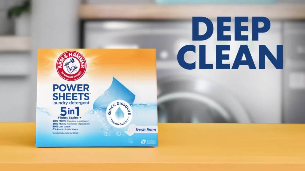thumbnail video image 2 of ARM & HAMMER Power Sheets Laundry Detergent Sheets, Fresh Linen, 50 Count, up to 100 Loads, 2 of 14