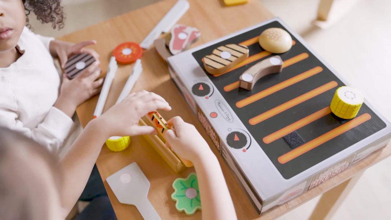 thumbnail video image 2 of Melissa & Doug Grill and Serve BBQ Set (20 pcs) - Wooden Play Food and Accessories, 2 of 10