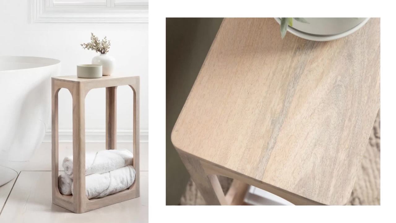 thumbnail video image 2 of Kate and Laurel Dahl Modern Slatted Wooden Slim Side Table, 16 x 8 x 24, Natural Wood, Transitional Wood Narrow End Table for Use as Living Room Plant Stand or Small Bedroom Nightstand, 2 of 10