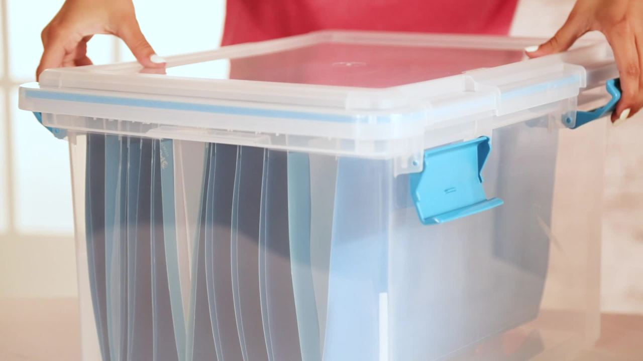 thumbnail video image 2 of Sterilite Gasket Box, 32 Quart Clear Weather-Resistant Plastic File Storage Bin with Gasket Seal and Latch Lid, Blue, 2 of 14