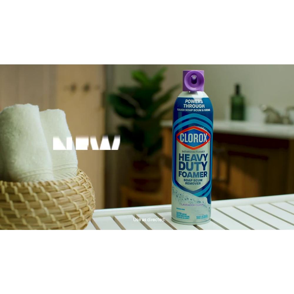 thumbnail video image 2 of (10 pack) Clorox Heavy Duty Bathroom Foamer Soap Scum Remover, Lavender Clean, 20 Ounces, 2 of 12