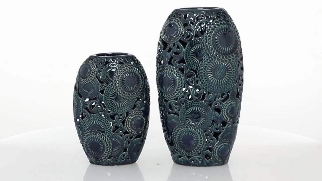 thumbnail video image 2 of DecMode 18", 13"H Floral Blue Ceramic Vase with Cut Out Patterns, Set of 2, 2 of 8