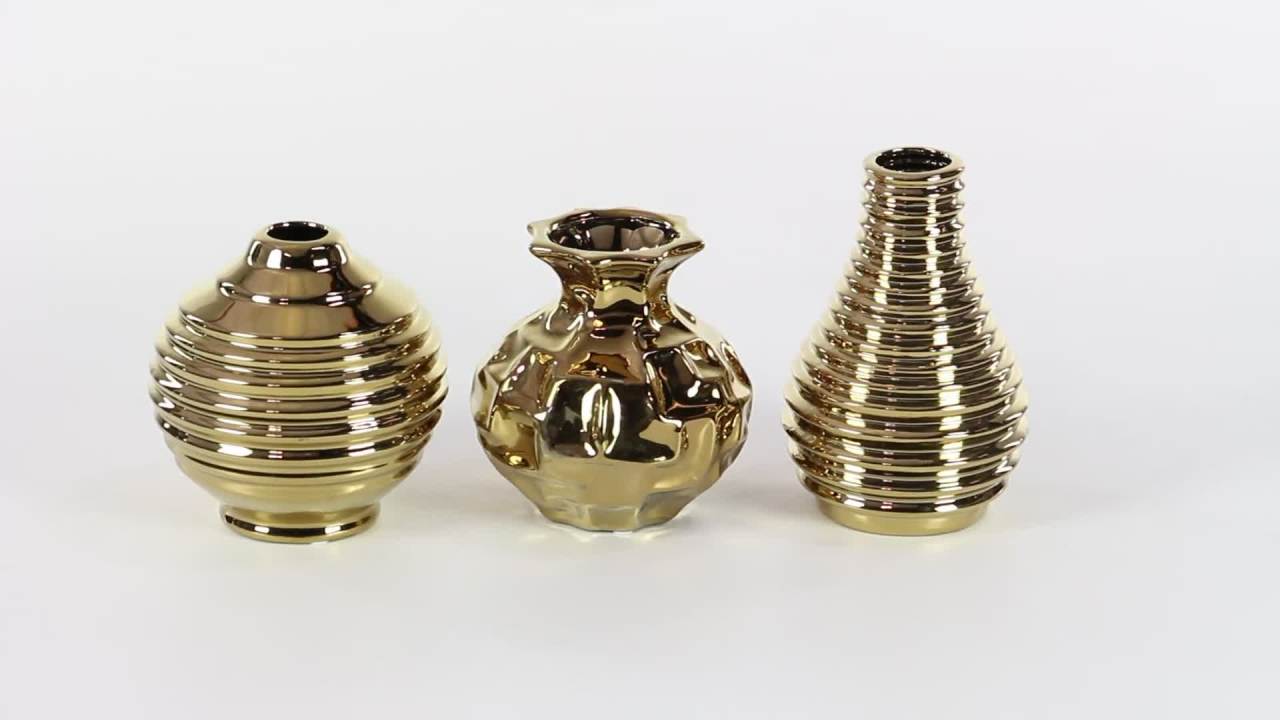 thumbnail video image 2 of DecMode 6"W, 6"H Gold Ceramic Vase with Varying Patterns, Set of 3, 2 of 15