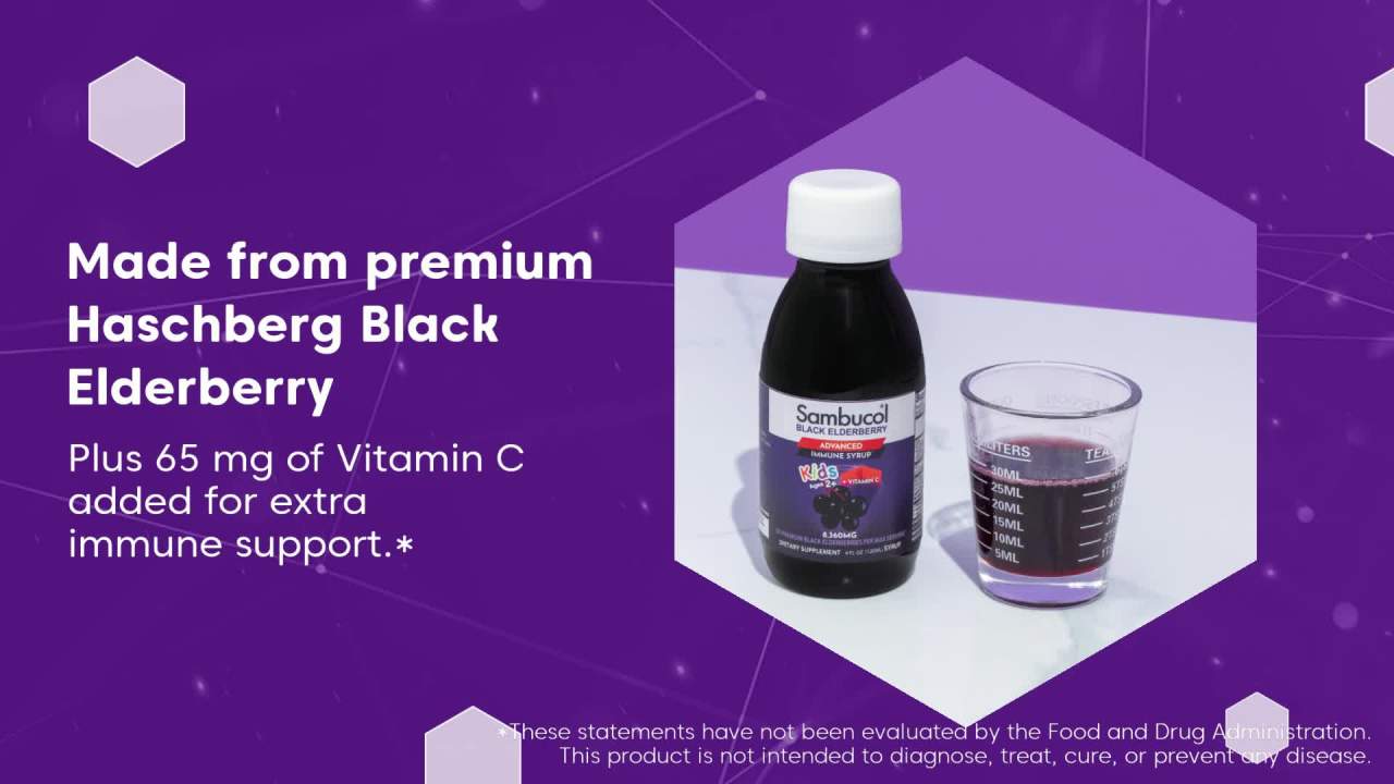 thumbnail video image 3 of Sambucol Black Elderberry Kids Advanced Immune Syrup, 4oz., 3 of 8