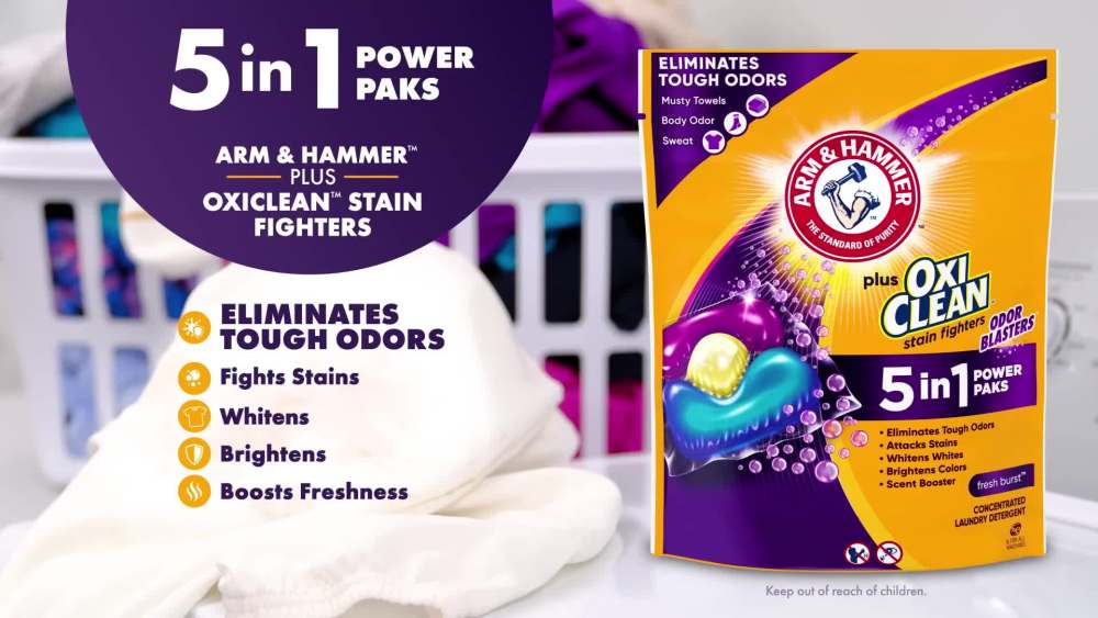thumbnail video image 2 of ARM & HAMMER Plus OxiClean Odor Blasters 5-in-1 Laundry Detergent Power Paks, Fresh Burst, 42 Ct, 2 of 15