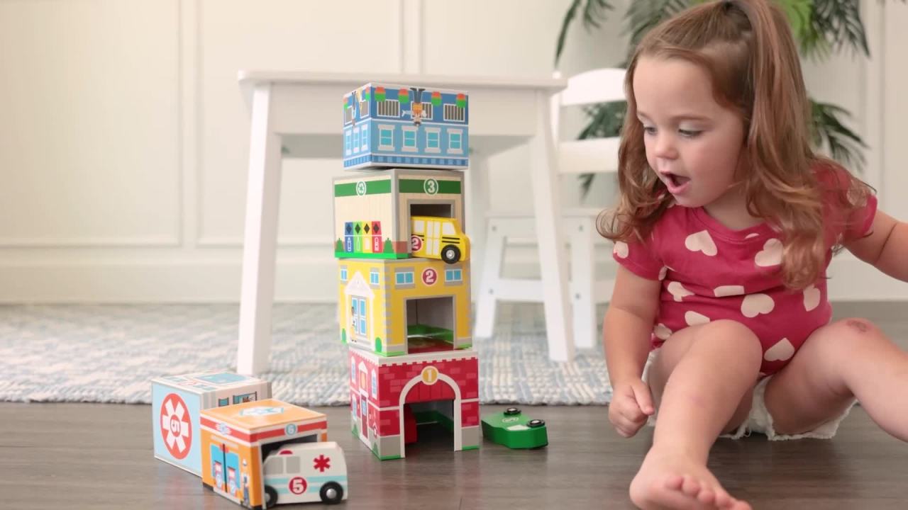 thumbnail video image 2 of Melissa & Doug Nesting and Sorting Blocks - 6 Buildings, 6 Wooden Vehicles - FSC Certified, 2 of 10