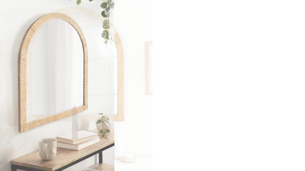thumbnail video image 2 of Kate and Laurel Rahfy Boho Arch Rattan Wall Mirror, 28 x 32, Natural Wood, Decorative Wooden Mirror with Authentic Rattan Frame for Bathroom Vanity Mirror, 2 of 9