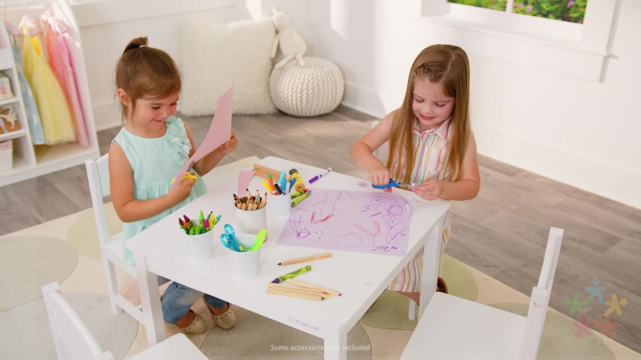 thumbnail video image 2 of KidKraft Wooden Farmhouse Table & 4 Chair Set, White, 2 of 13