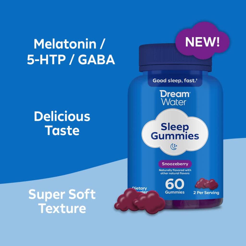 thumbnail video image 2 of Dream Water Sleep Gummies, Sugar-Free, Gelatin-Free; Blend of 3 Ingredients, GABA, 5mg Melatonin & 5-HTP;  Snoozeberry, 60 Gummies, 2 of 16
