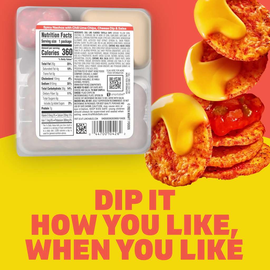 thumbnail video image 2 of Lunchables Spicy Nachos with Chili Lime Flavored Tortilla Chips, Cheese Dip & Salsa Snack Kit, 4.4 oz Tray, Refrigerated, Whole, 2 of 15