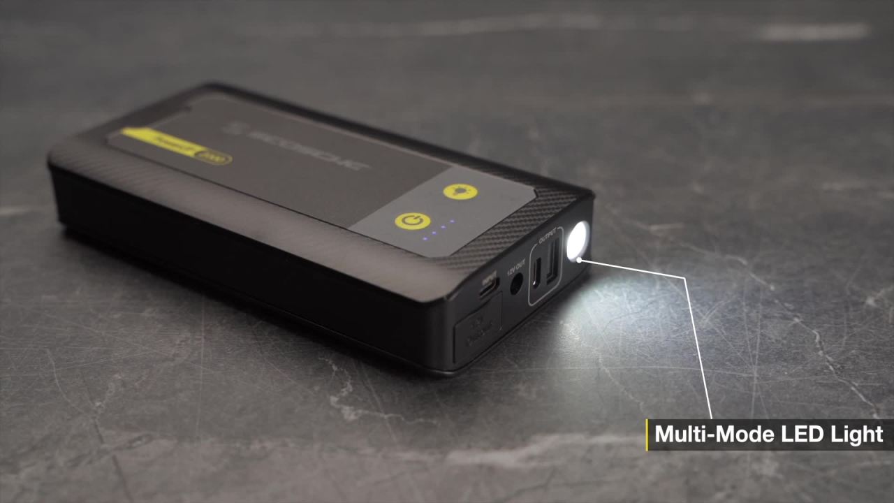 thumbnail video image 2 of Scosche PBJ2000 PowerUp 2000 Amp Emergency Jump Starter with Built-In Power Bank and Flashlight, 2 of 8