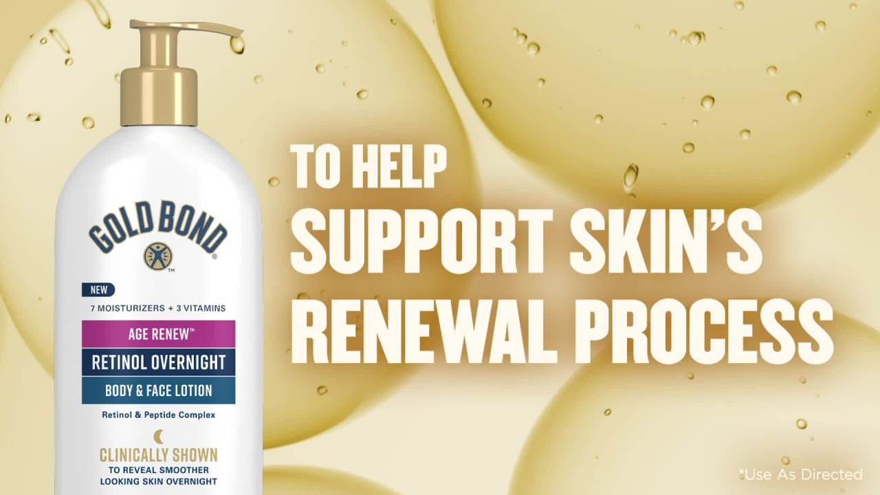 thumbnail video image 3 of Gold Bond Age Renew Retinol Overnight Body & Face Lotion, With Retinol & Peptide Complex, for Dry Skin, 7 oz., 3 of 13