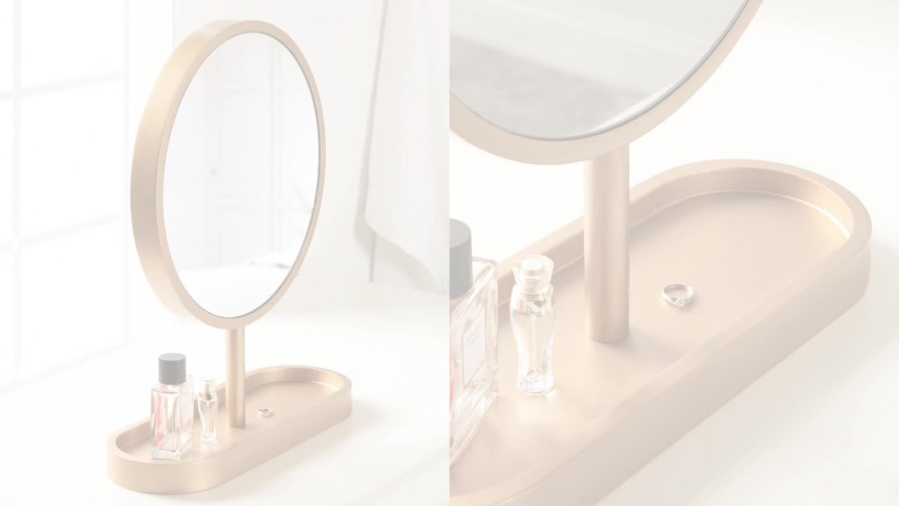 thumbnail video image 2 of Kate and Laurel Travis Modern Tabletop Mirror, 17 x 21, Natural Poplar. Decorative Freestanding Wood Mirror with Round Surface and Open Capsule Shaped Tray Base, 2 of 9