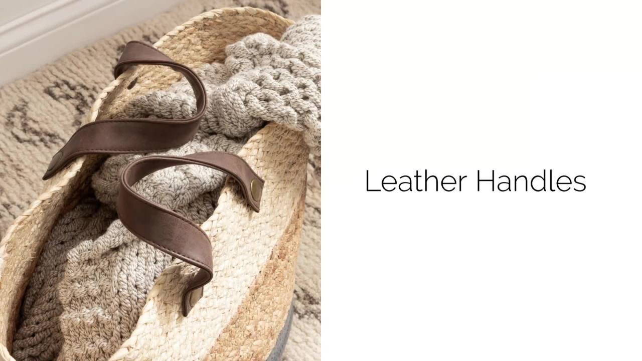 thumbnail video image 2 of Kate and Laurel Hermosa Transitional Woven Storage Basket with Handles, 16 x 11 x 14, Natural and Gray, Braided Rounded Basket for Use as Living Room Blanket Basket or Small Laundry Basket, 2 of 9