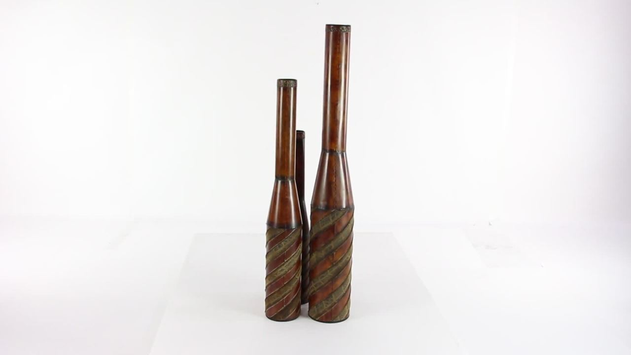 thumbnail video image 2 of DecMode Set of 3 Rustic 31, 41 and 49 Inch Iron and Leather Vases, 2 of 9