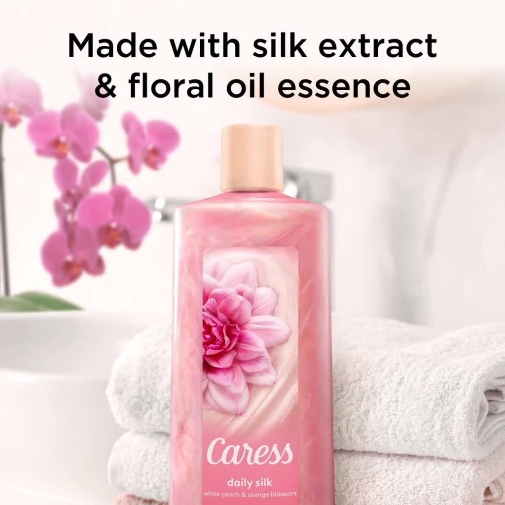 thumbnail video image 2 of Caress Body Wash with Pump Daily Silk With Silk Extract For Noticeably Silky 25.4 oz, 2 of 8