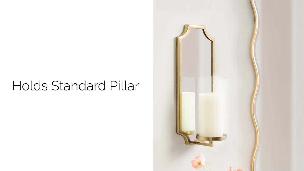 thumbnail video image 2 of Kate and Laurel Ciel Glam Mirrored Wall Sconce, 6 x 5 x 16, Gold, Modern Scalloped Candle Holder with Removable Glass Cylinder and Mirror for Bathroom or Bedroom Wall Decor, 2 of 9