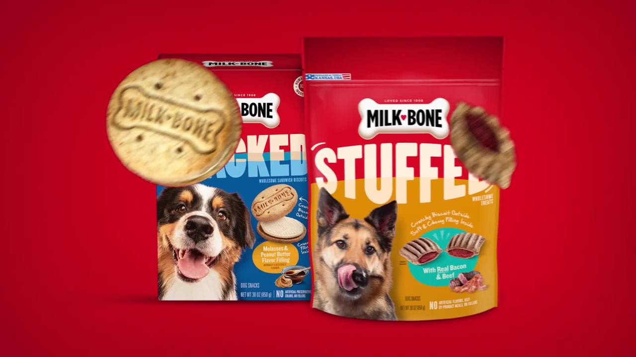 thumbnail video image 2 of Milk Bone Stuffed Dog Biscuits With Real Bacon & Beef 30 oz, 2 of 10