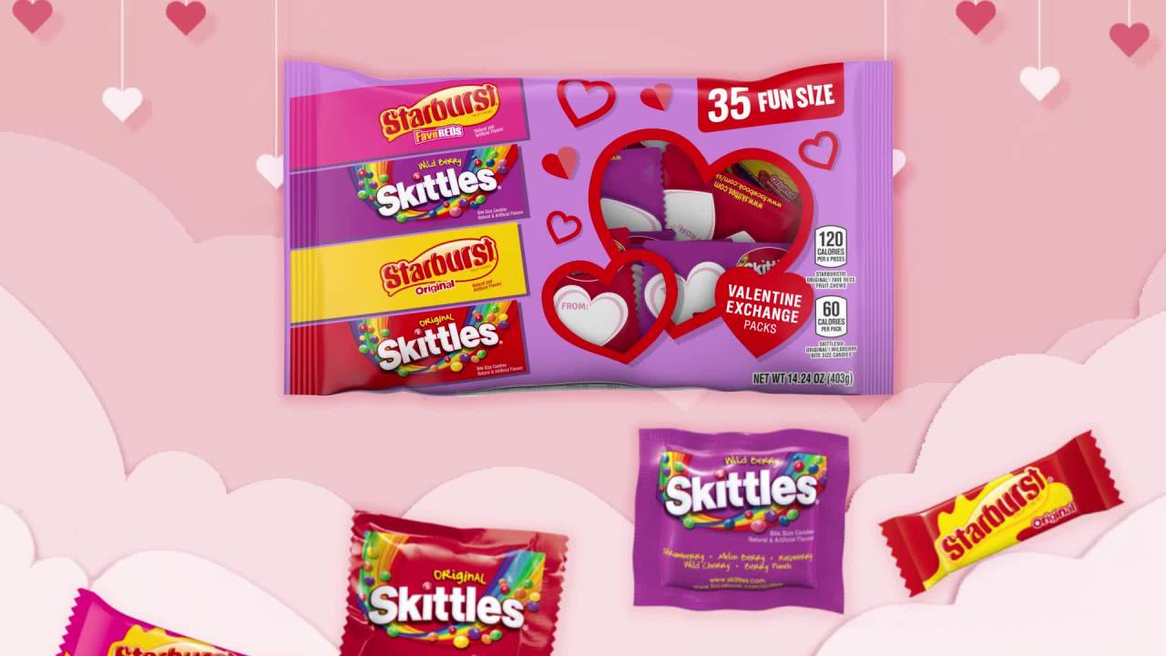 thumbnail video image 2 of SKITTLES & STARBURST Chewy Valentine's Day Candy, 35 Ct Bulk Bag, 2 of 13