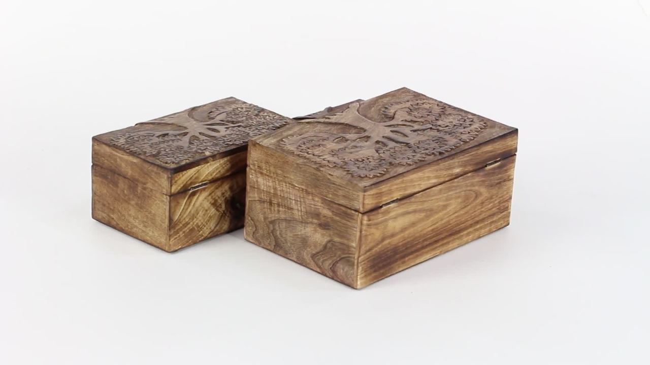 thumbnail video image 2 of DecMode Floral Handmade Brown Mango Wood Decorative Box with Hinged Lid, 3 Count, 2 of 16