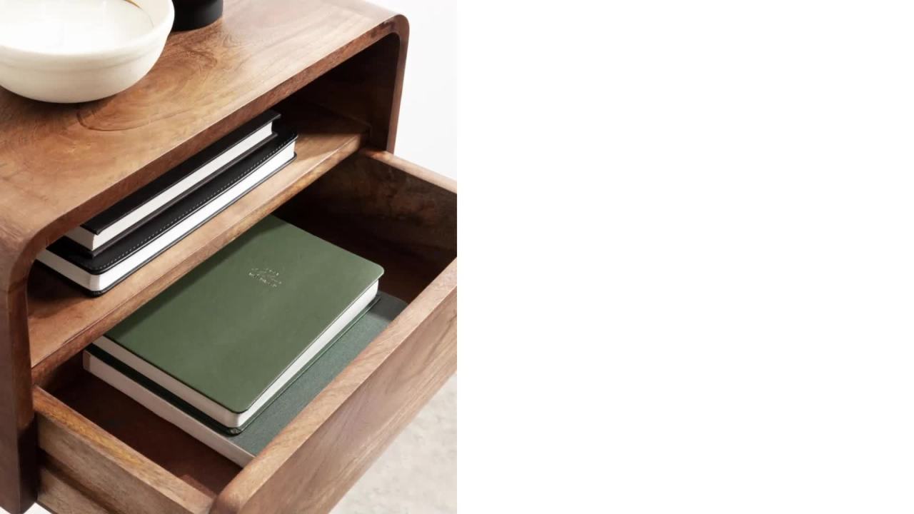 thumbnail video image 2 of Kate and Laurel Kato Transitional Wood Floating Side Table with Drawer, 18 x 10 x 9, Natural Brown, Modern Wooden Floating Nightstand for Bedroom Bedside Table, 2 of 10