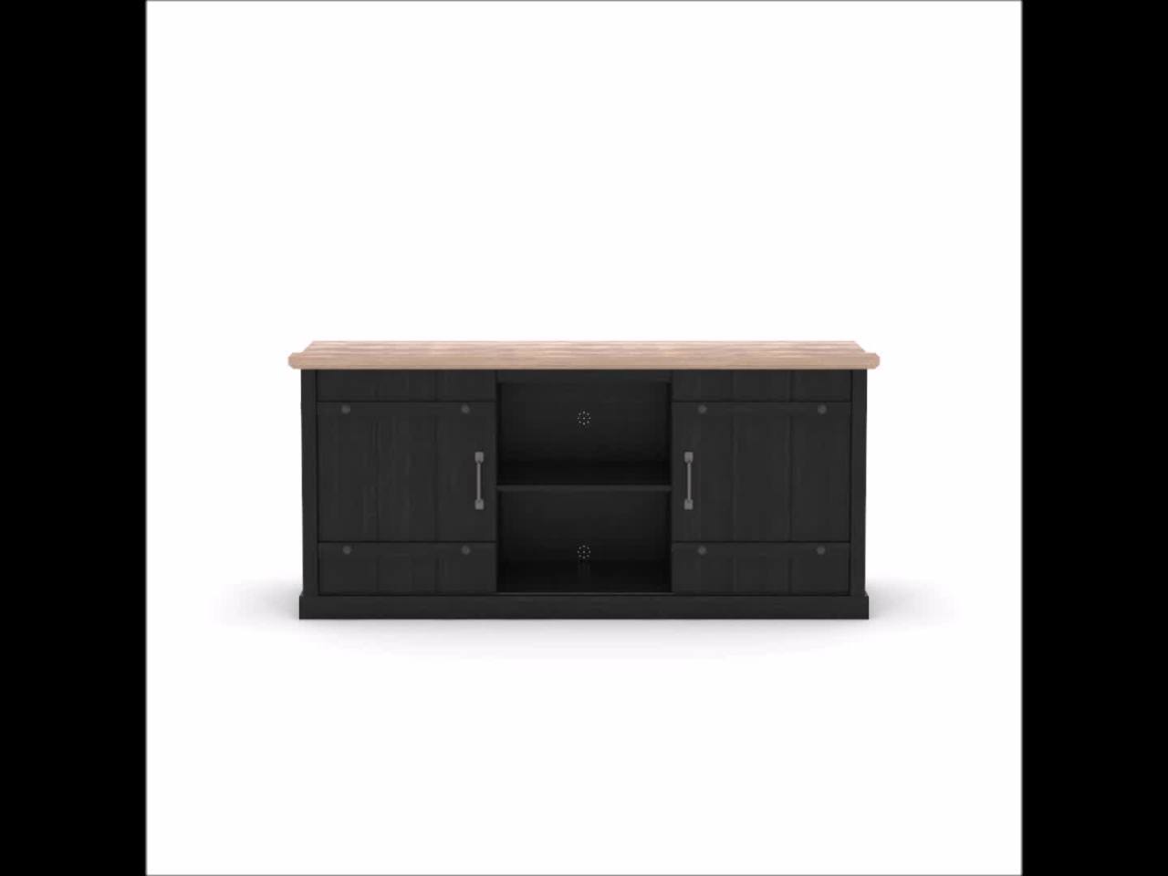 thumbnail video image 2 of Sauder Black Farmhouse TV Stand with Oak Accent for TVs up to 70", Raven Oak Finish, 2 of 13