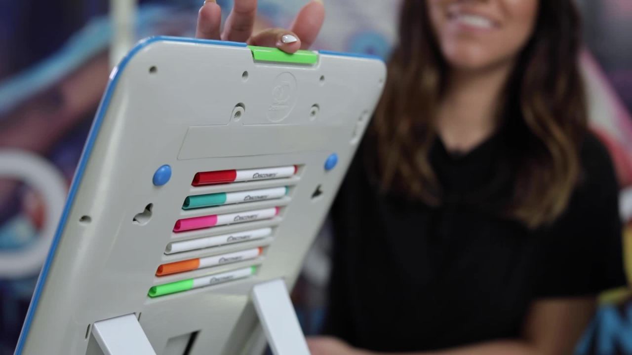 thumbnail video image 2 of Discovery Kids Neon Glow Drawing Easel w/Color Markers, Built-in Kickstand/Wall Mount, Choose from 6 Light Modes, Easy to Clean/Washable, Wide Screen, Flat Storage, Great for Children, Multicolor, 2 of 9
