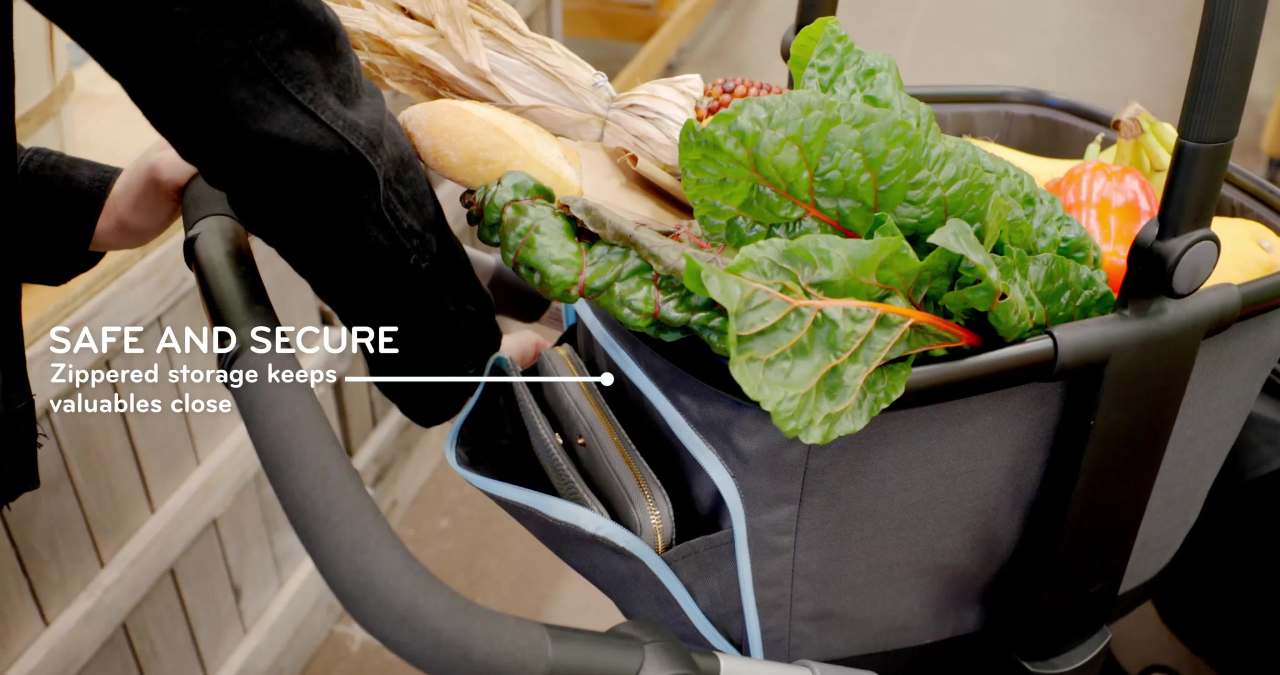 thumbnail video image 2 of Evenflo Pivot Xpand Portable Reusable Stroller Market Storage Basket, Gray Sky, 2 of 22