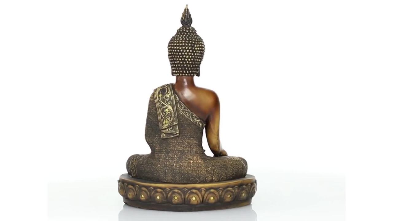 thumbnail video image 2 of 12" x 15" Brown Polystone Meditating Buddha Sculpture with Engraved Carvings and Relief Detailing, by DecMode, 2 of 8