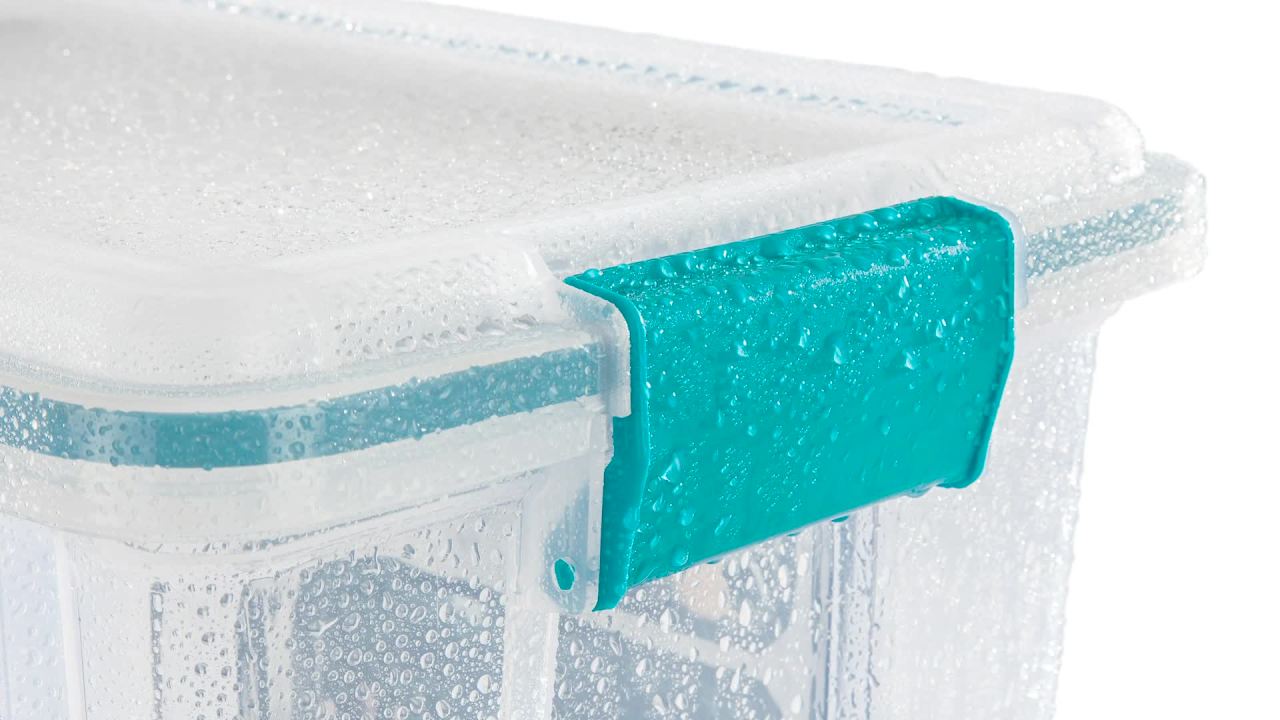 thumbnail video image 2 of Sterilite Gasket Box, 54 Quart Clear Weather-Resistant Plastic Storage Bin with Gasket Seal and Latch Lid, Blue, 2 of 9
