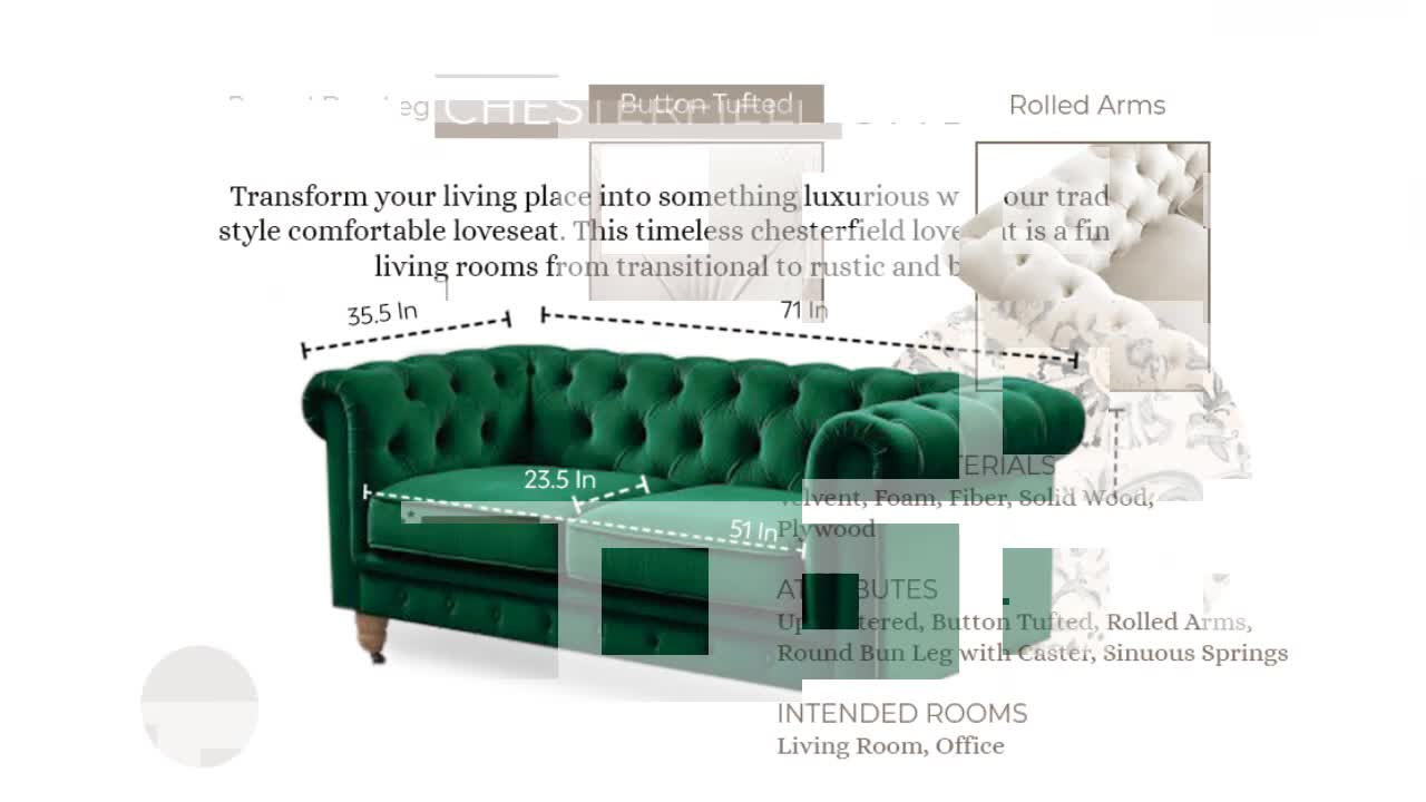 thumbnail video image 2 of Rustic Manor Audriana Beige Velvet Chesterfield Loveseat 71L x 33.5W x 30.3H, 2 of 11