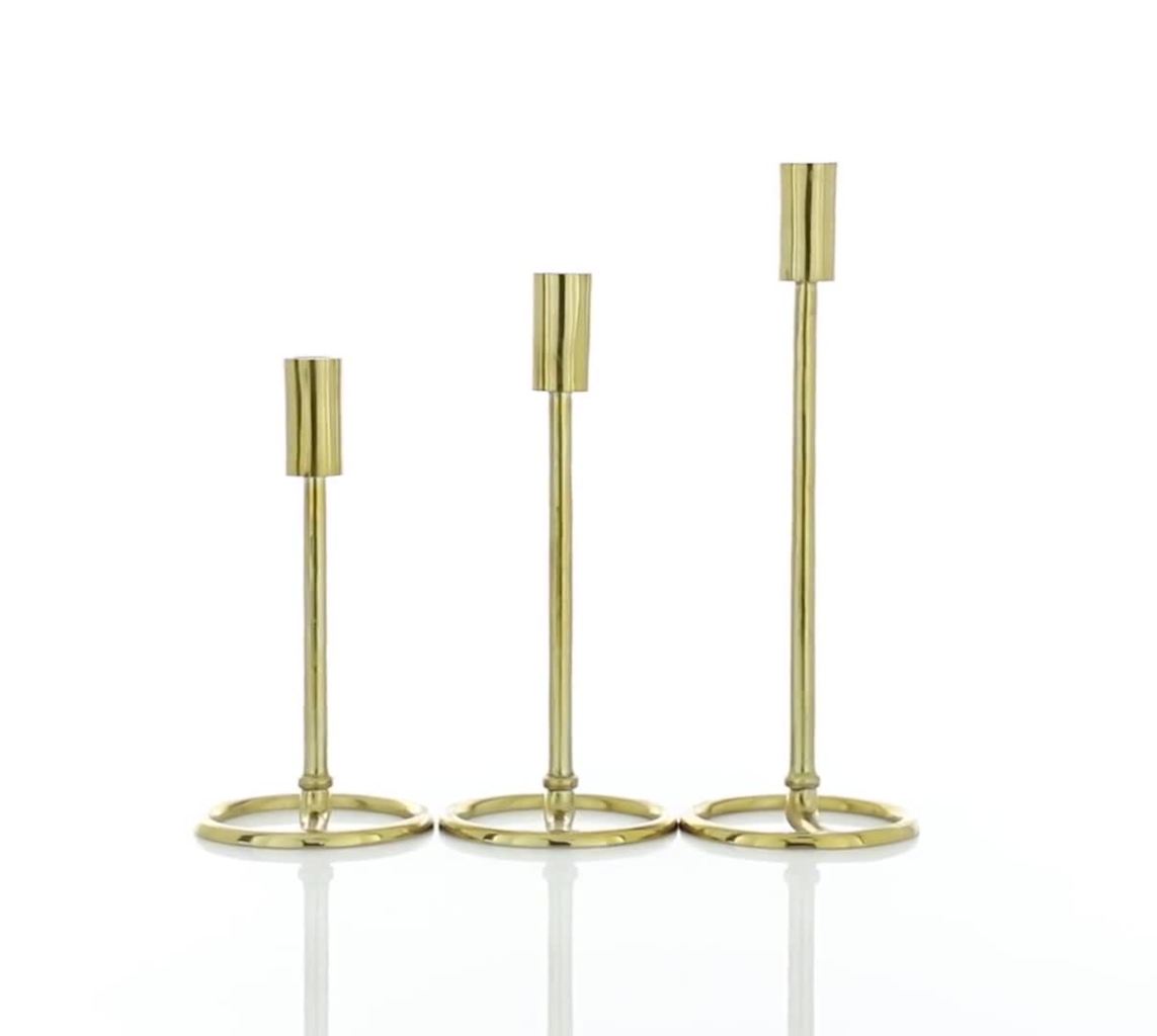 thumbnail video image 2 of DecMode 3 Candle Gold Aluminum Metal Tapered Candle Holder with Ring Bases, Set of 3, 2 of 9