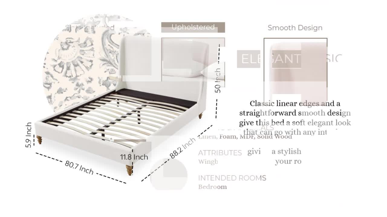 thumbnail video image 2 of Rustic Manor Bree Tufted Linen King Size Full Bed Frame, No Box Spring Needed, Grey / Silver, 2 of 10