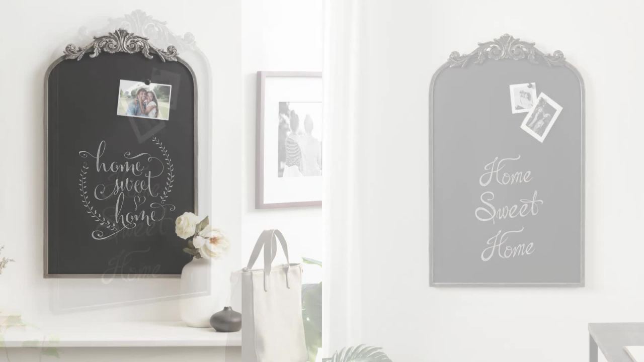 thumbnail video image 2 of Kate and Laurel Arendahl Decorative Vintage Arch Chalkboard, 19 x 31, White, Framed Arched Ornate Magnetic Chalkboard for Bedroom Organization or Entryway Decor, 2 of 9