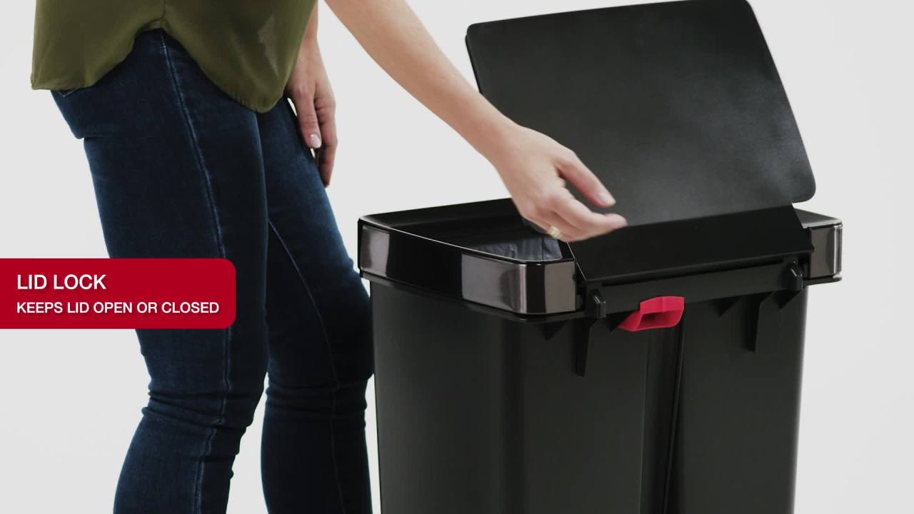 thumbnail video image 2 of Rubbermaid Kitchen Indoor Trash Can, 12.4 Gallon Plastic Step Garbage Can with Stainless Steel Rim Lid, Charcoal, 2 of 9