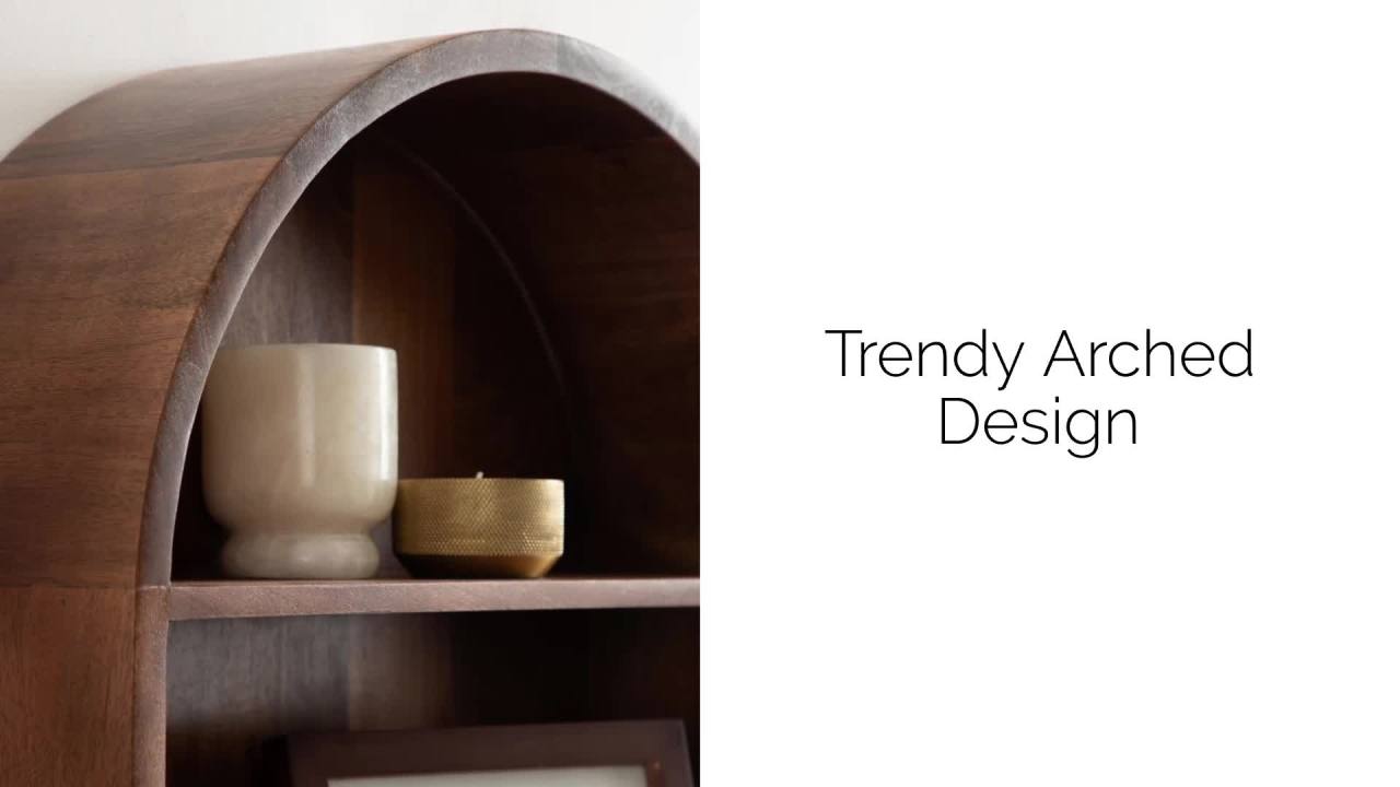 thumbnail video image 2 of Kate and Laurel Arcott Modern Arched Wall Shelf, 18 x 26, Walnut Brown, Transitional Arch Wall Shelves for Over-the-Toilet Storage or Entryway Storage Shelf, 2 of 9