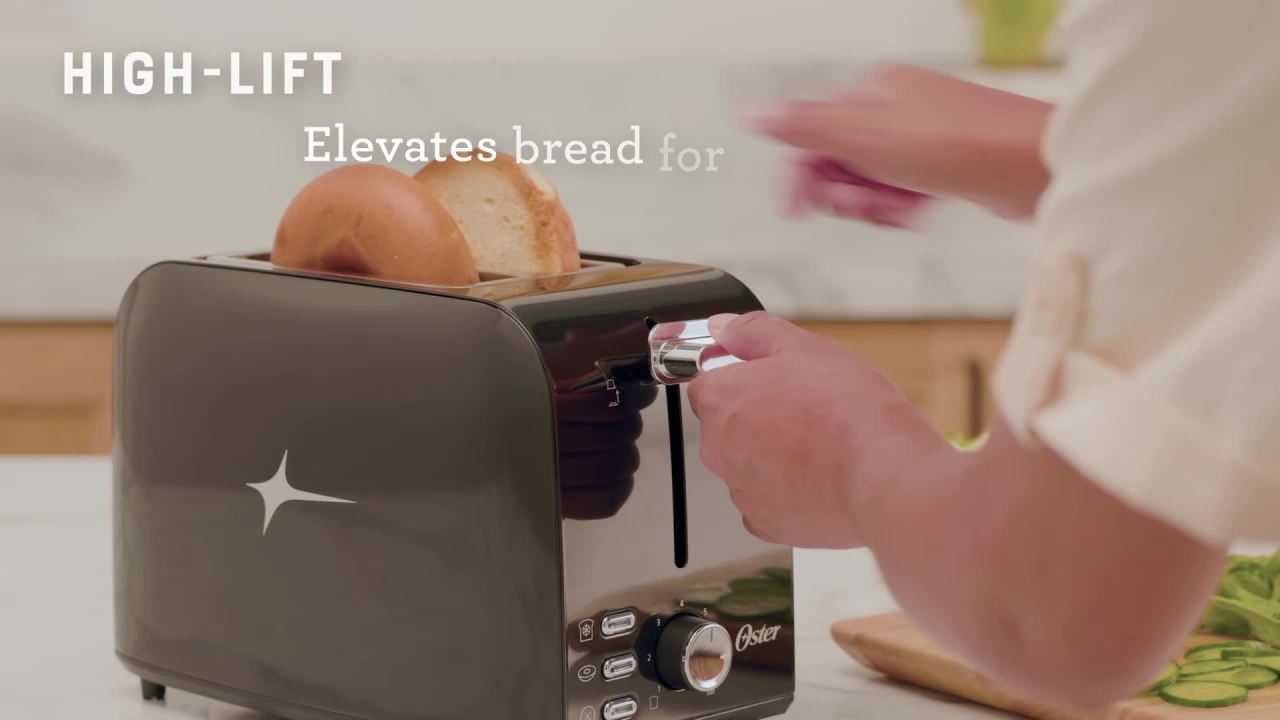 thumbnail video image 3 of Oster 2-Slice Toaster with Extra Wide Slots, Black Stainless Steel, 3 of 8