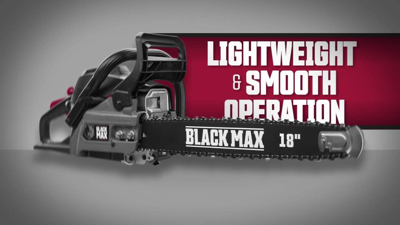 thumbnail video image 2 of Black Max 38cc 2-Cycle Engine 18-inch Gas Chainsaw, 2 of 6