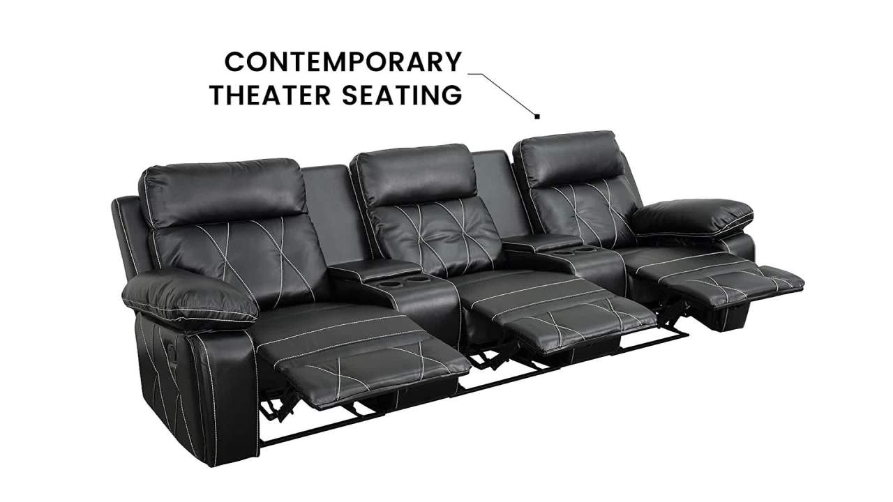 thumbnail video image 2 of Flash Furniture Reel Comfort Series 3-Seat Reclining Black LeatherSoft Theater Seating Unit with Straight Cup Holders, 2 of 4