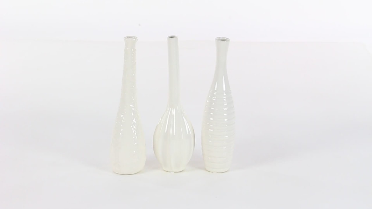 thumbnail video image 2 of CosmoLiving by Cosmopolitan 3"W, 12"H Slim Textured Bottleneck White Ceramic Vase with Varying Patterns, Set of 3, 2 of 11