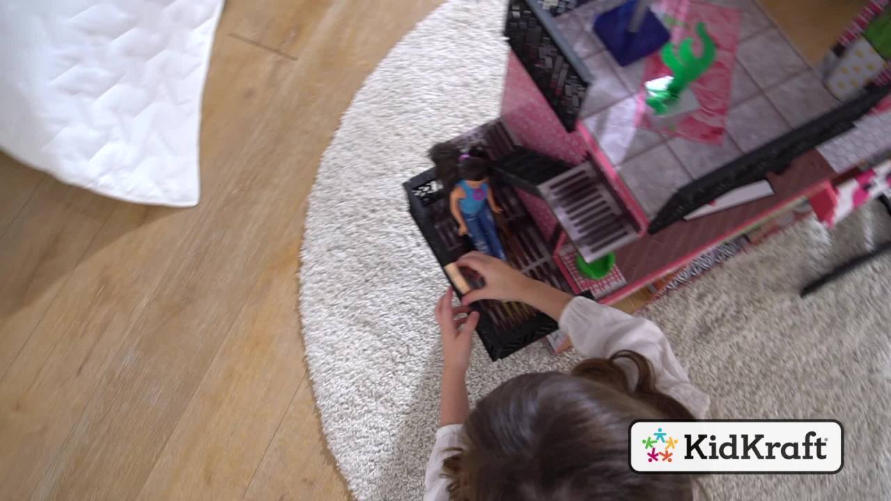 thumbnail video image 2 of KidKraft Brooklyn Loft Wooden Dollhouse with 25 Accessories, 2 of 12